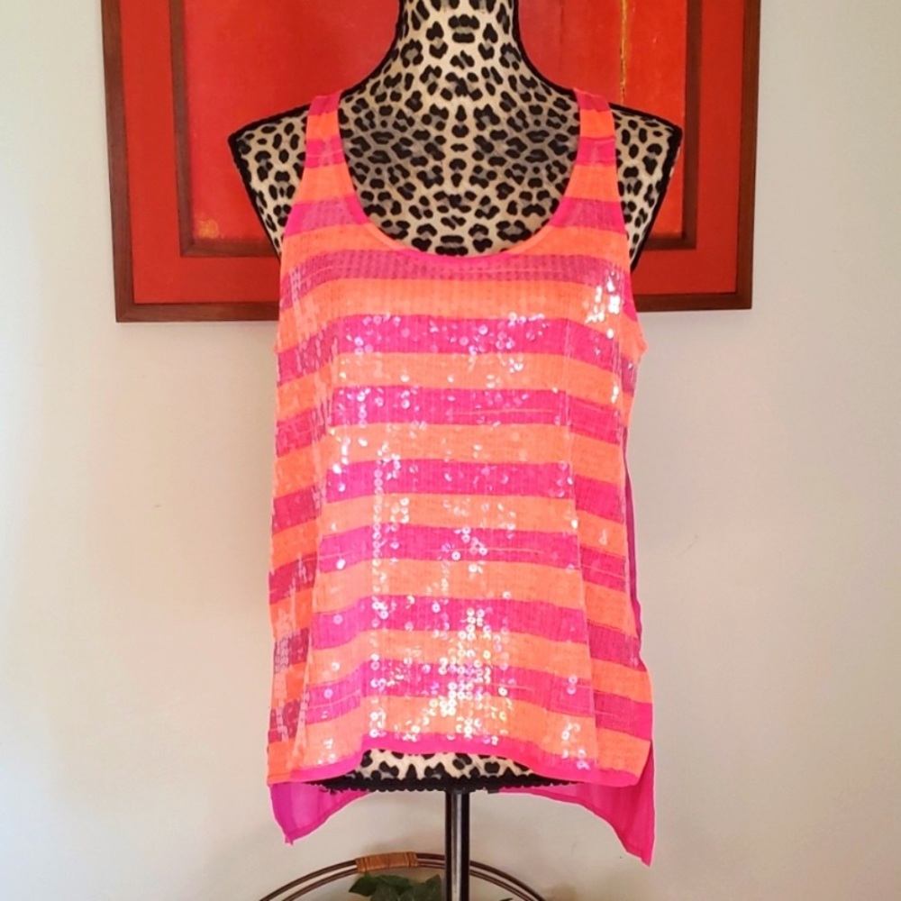 L'Amour Pink and Orange Sequin Stripe Tank Top